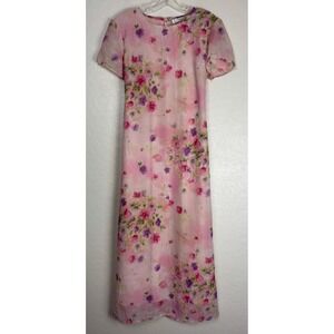 Vintage Christy Lyn Pink Floral Maxi Dress Tie Back Short Sleeve Size 8 USA 2346